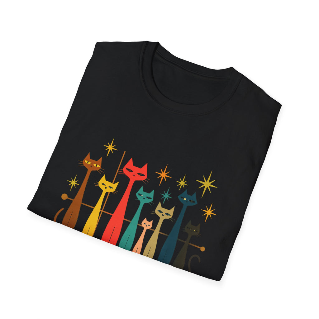 Retro Mid-Century Cats T-Shirt | Colorful Stylized Cat Illustration
