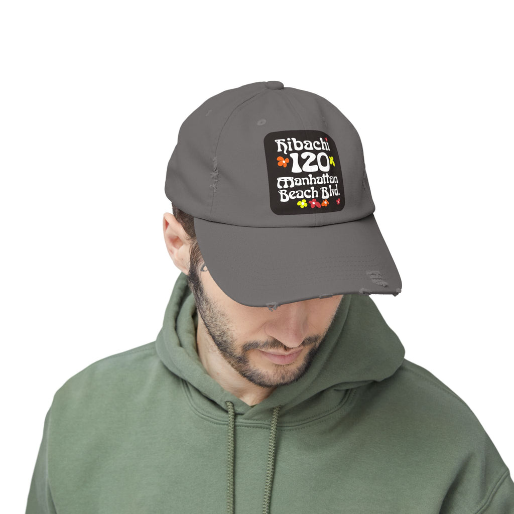 Distressed Cap — Hibachi 120 Manhattan Beach Blvd. Retro Floral Hat "Gone But Not Forgotten" #OldSchool