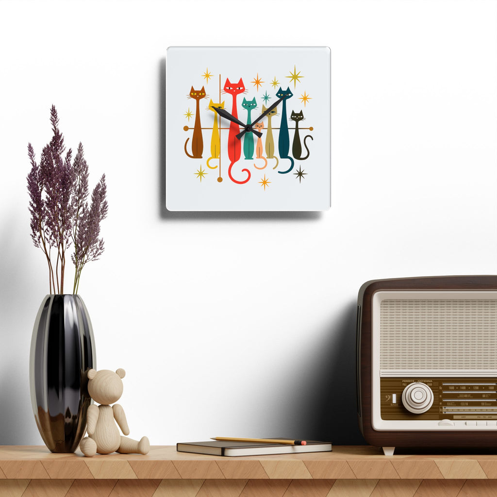 Retro Mid-Century Stylized Cats Acrylic Wall Clock | Pink Atomic Starburst