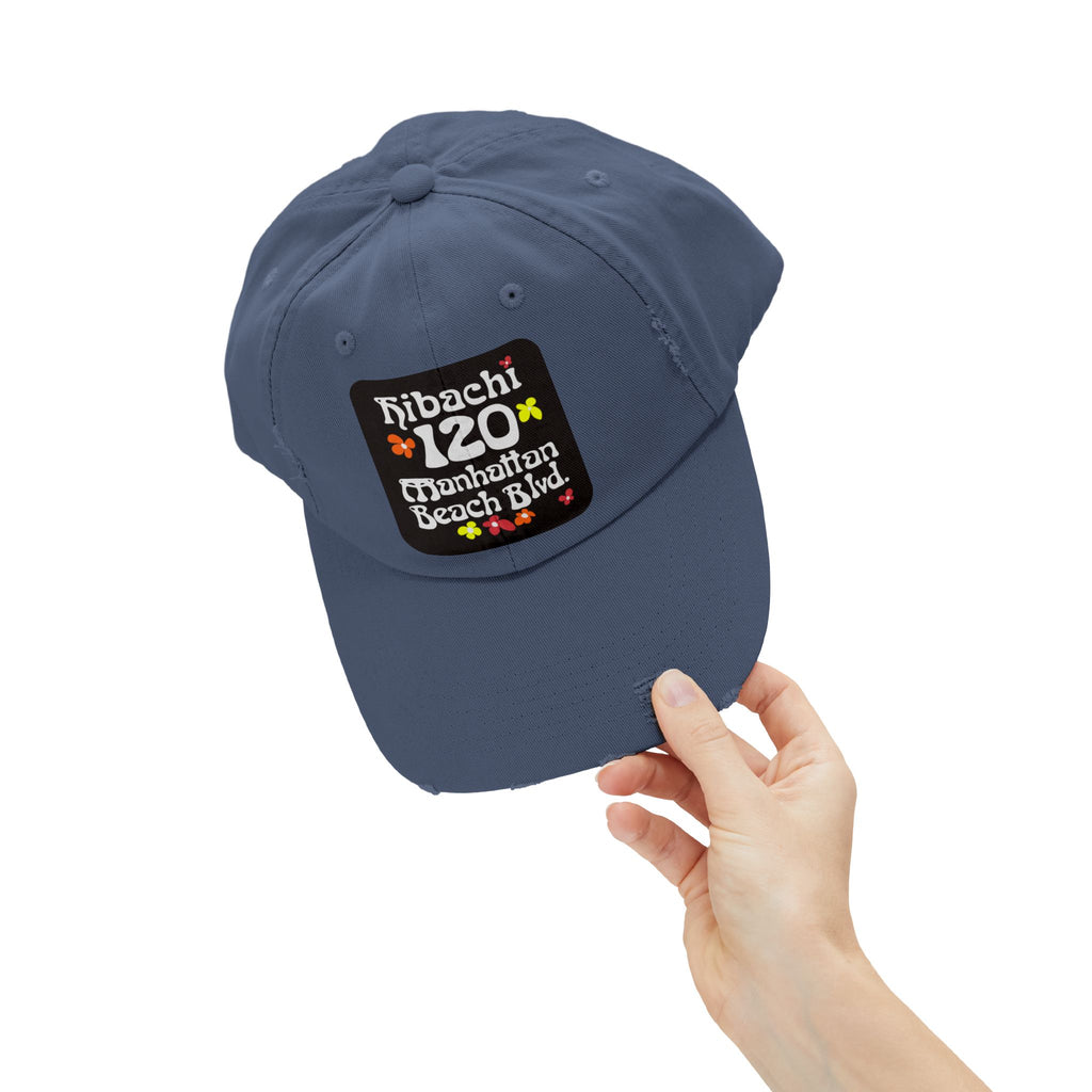 Distressed Cap — Hibachi 120 Manhattan Beach Blvd. Retro Floral Hat "Gone But Not Forgotten" #OldSchool