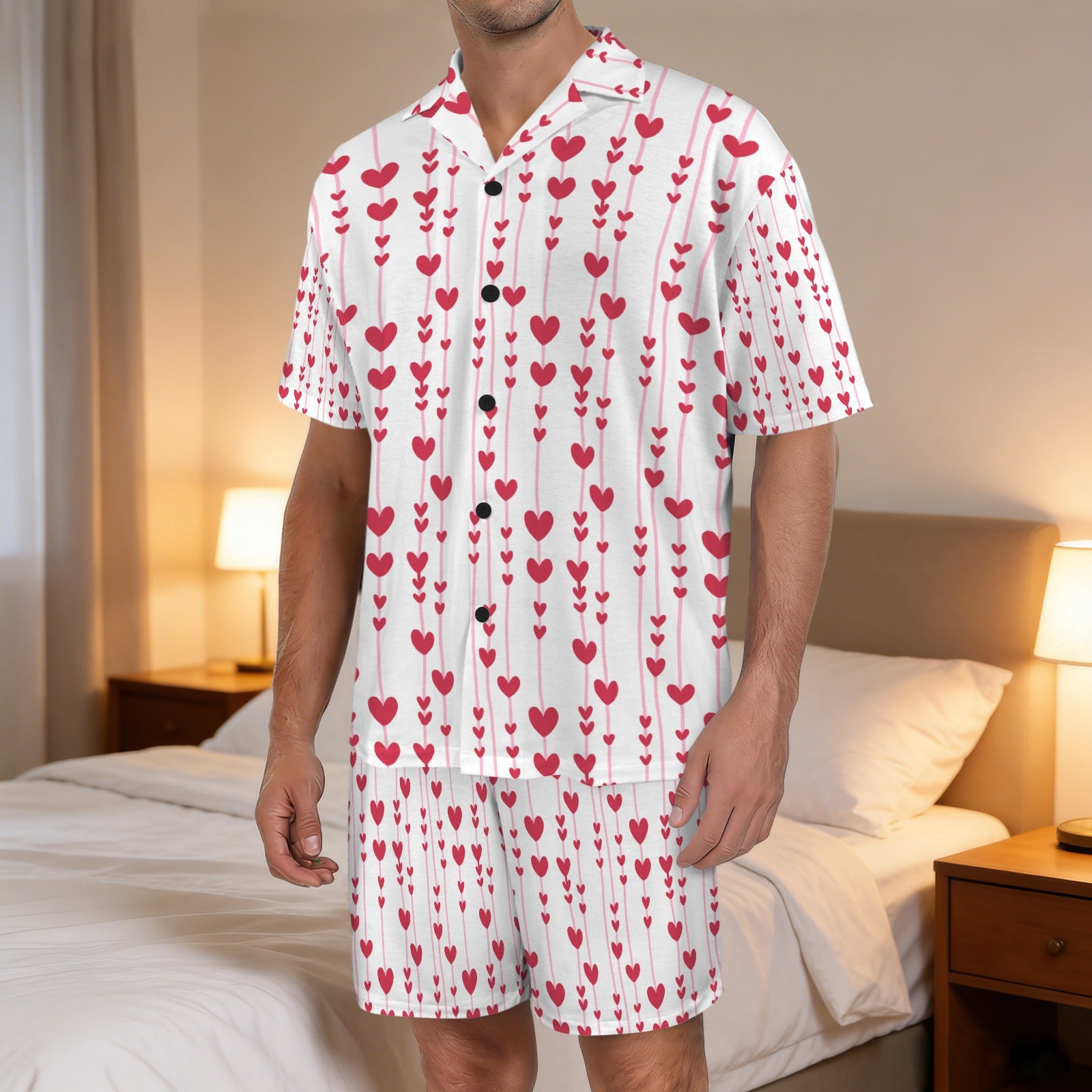 Hearts for You Men's V-Neck Short Pajama Set (Made in USA，Ships to USA Only)