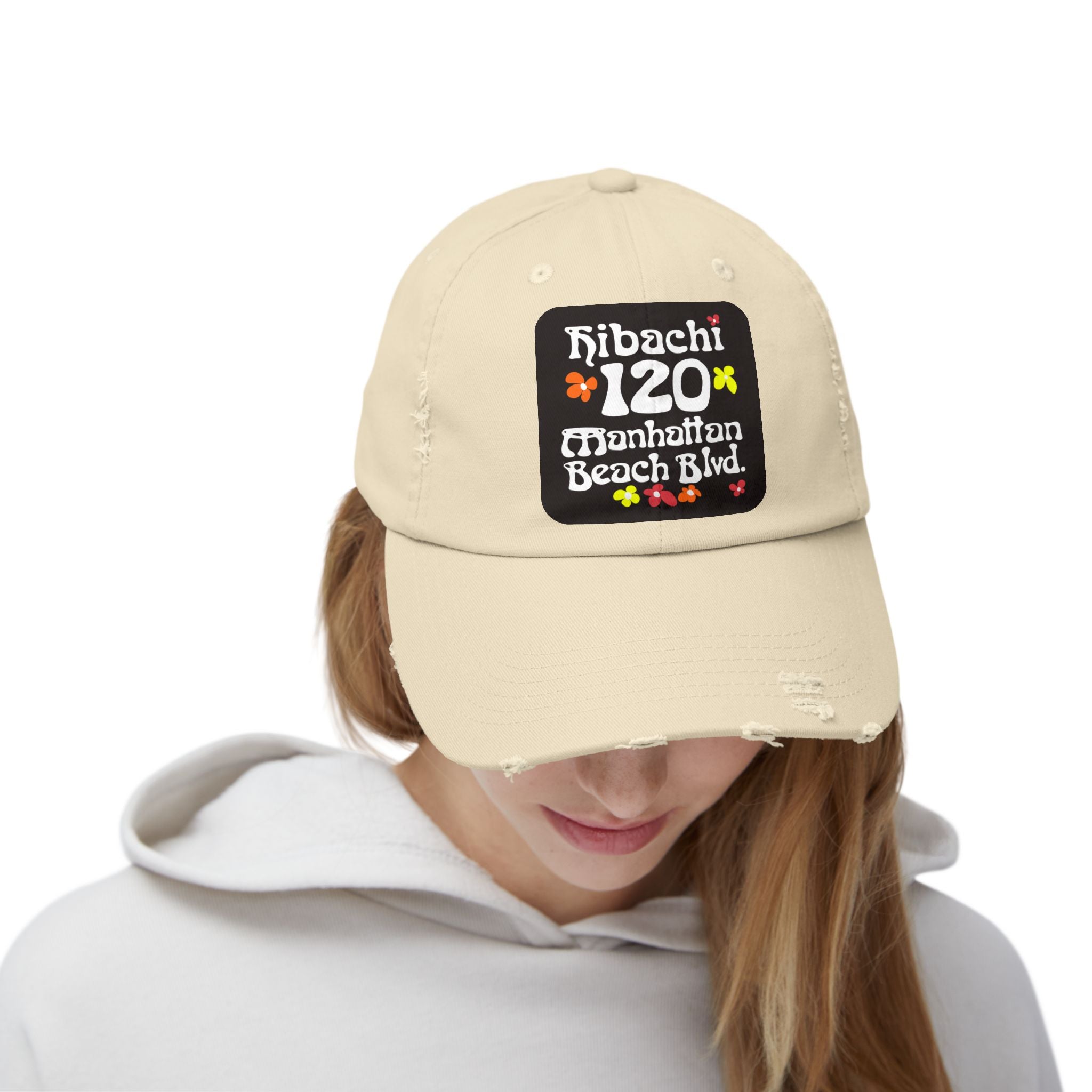 Distressed Cap — Hibachi 120 Manhattan Beach Blvd. Retro Floral Hat "Gone But Not Forgotten" #OldSchool