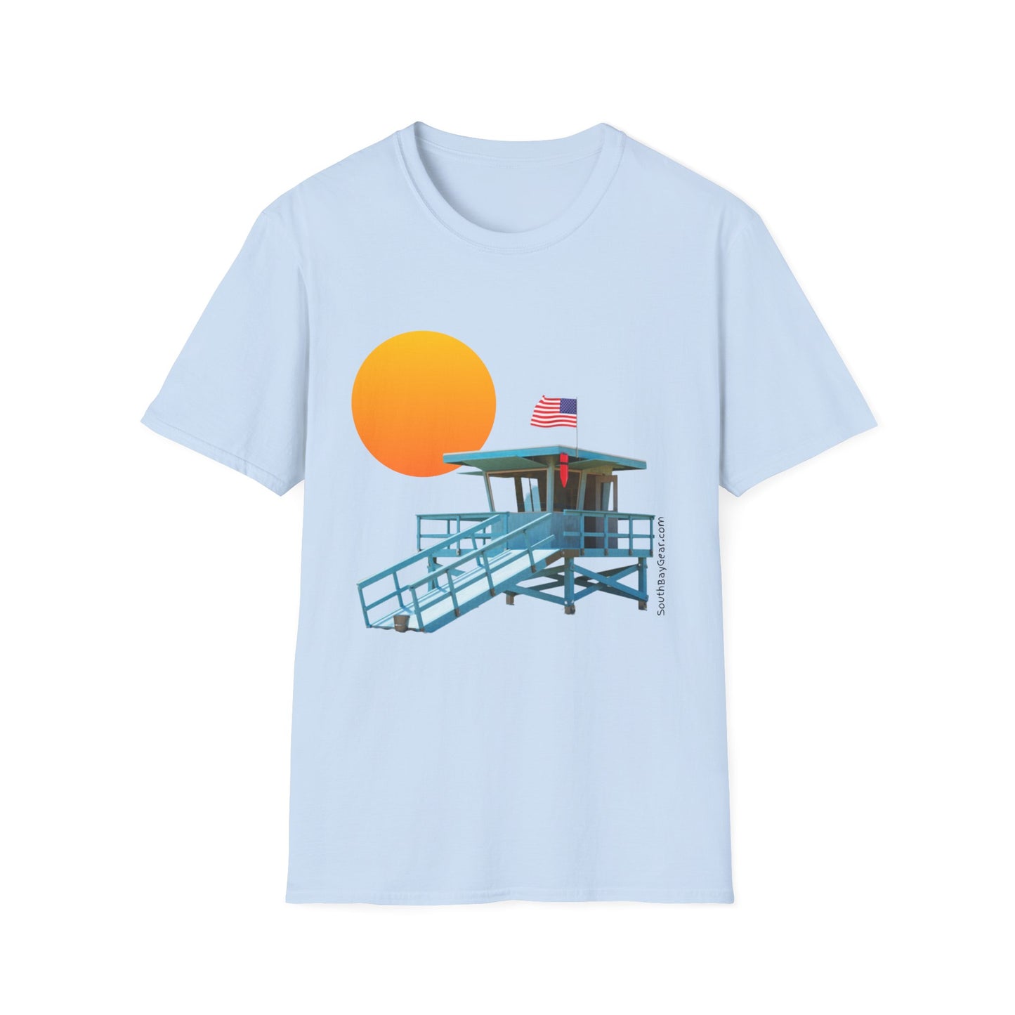 South Bay Lifeguard Stand with American Flag Beach Scene M/W Softstyle T-Shirt