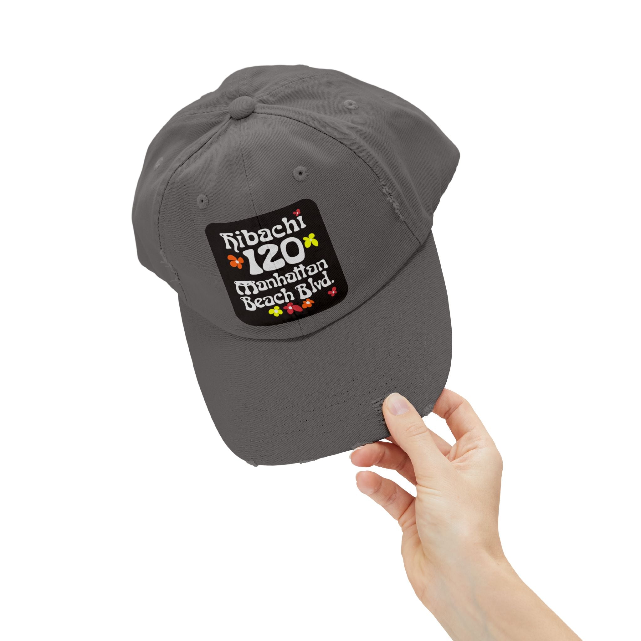 Distressed Cap — Hibachi 120 Manhattan Beach Blvd. Retro Floral Hat "Gone But Not Forgotten" #OldSchool