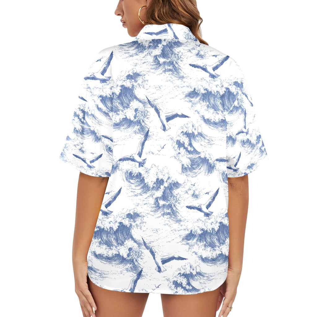Nautical Waves Sea Birds Women's All Over Print Hawaiian Shirt Made in USA