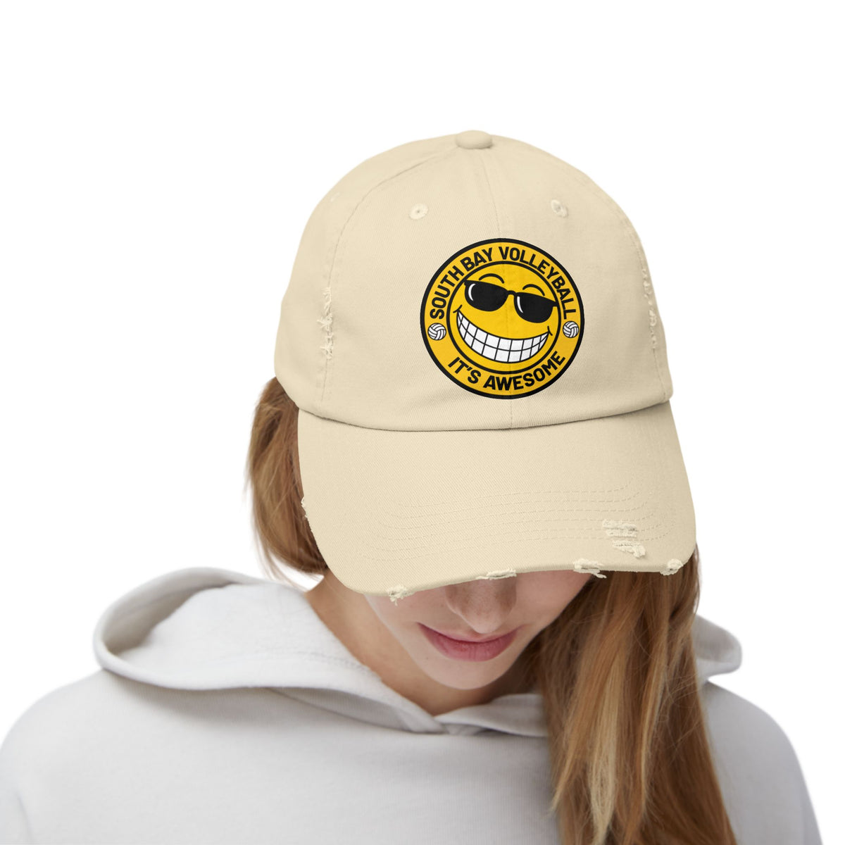 Distressed Volleyball Cap - "South Bay Volleyball It's Awesome" Smiley Logo
