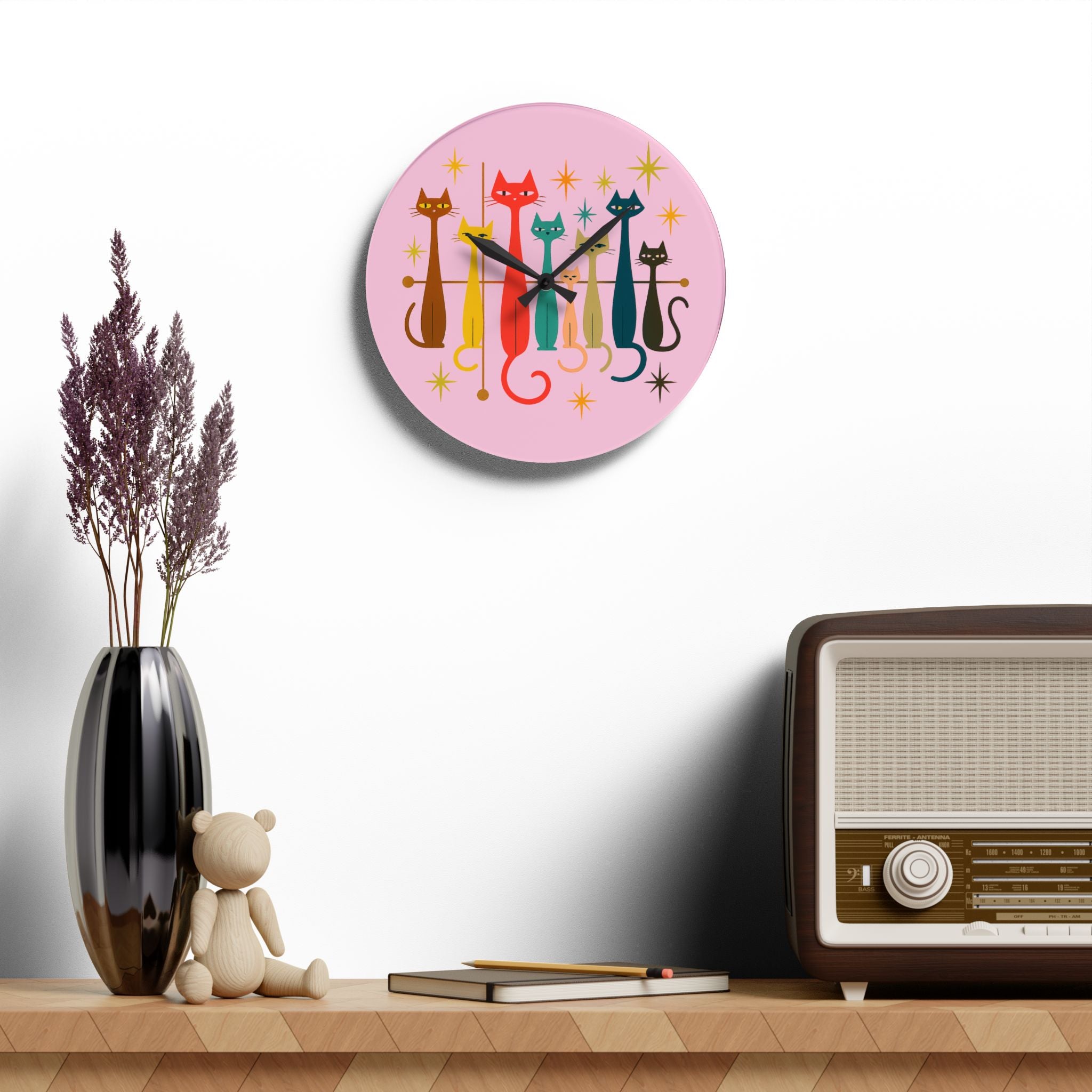 Retro Mid-Century Stylized Cats Acrylic Wall Clock | Pink Atomic Starburst