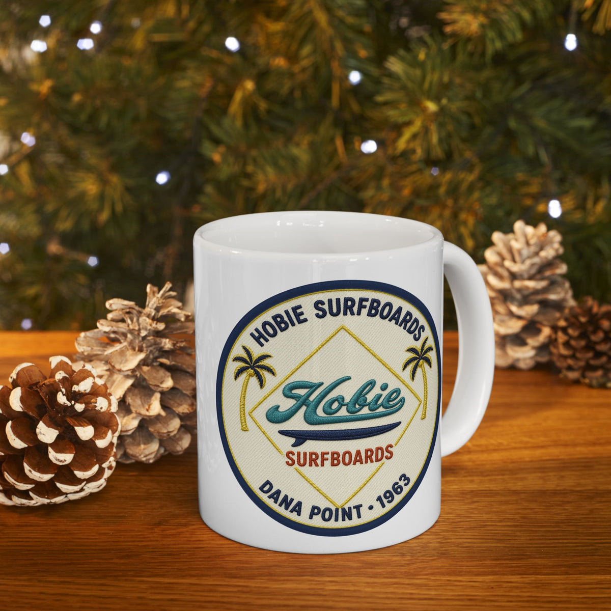 Vintage Beach Club Hobie Surfboards Ceramic Mug – Retro Palm Tree Surf Emblem Since 1963  (11oz, 15oz)