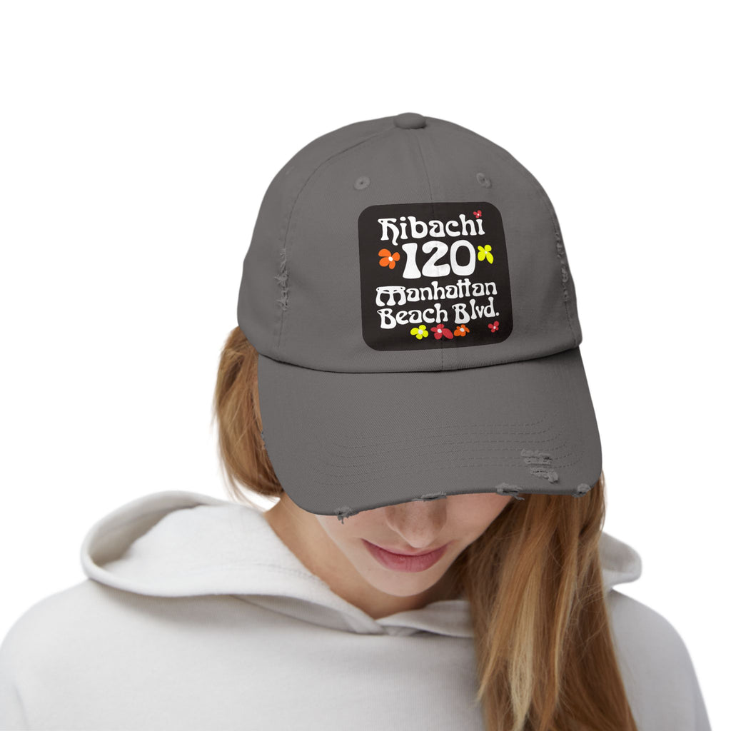 Distressed Cap — Hibachi 120 Manhattan Beach Blvd. Retro Floral Hat "Gone But Not Forgotten" #OldSchool