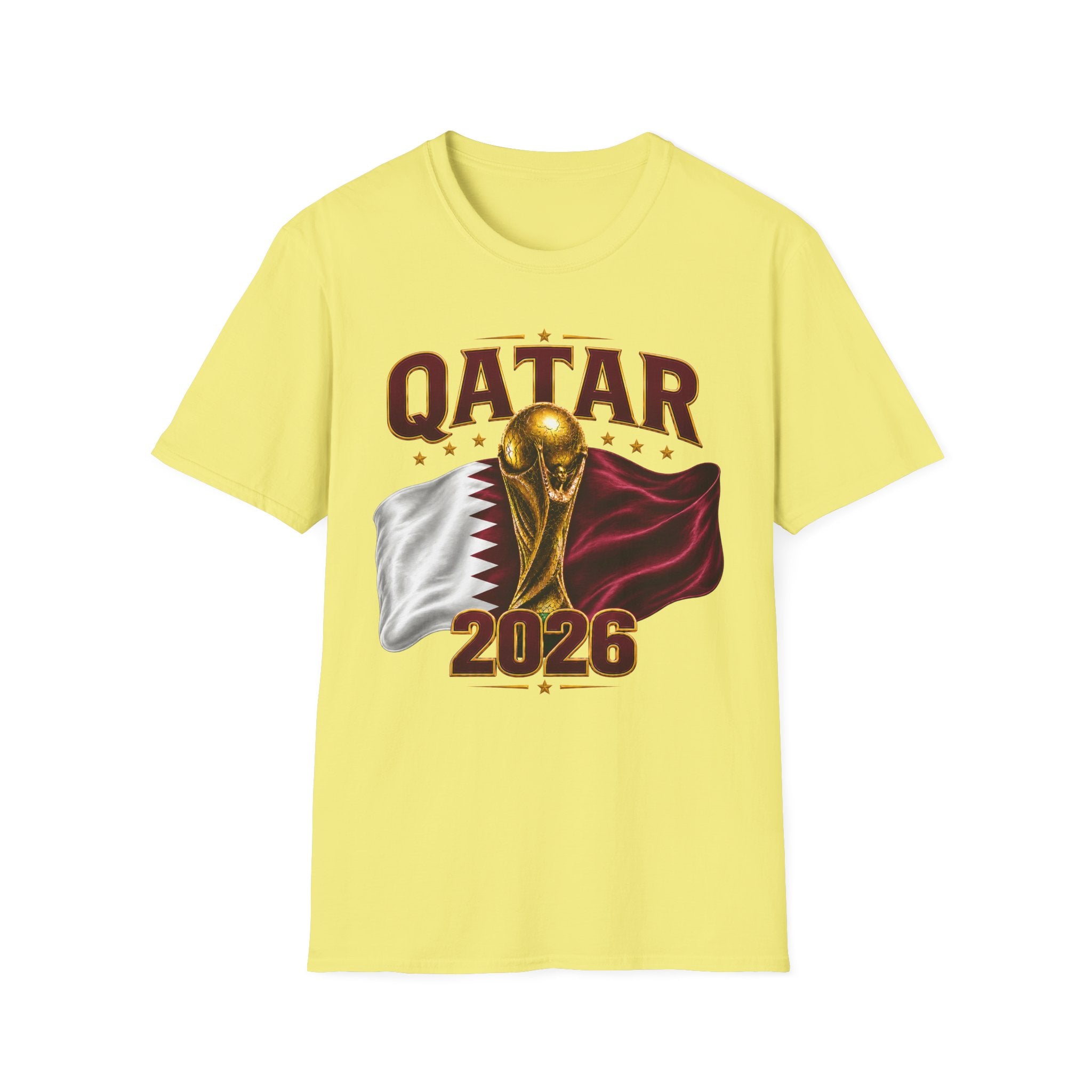 Qatar 2026 World Cup T-Shirt — Golden Trophy & Flag Soccer Tee