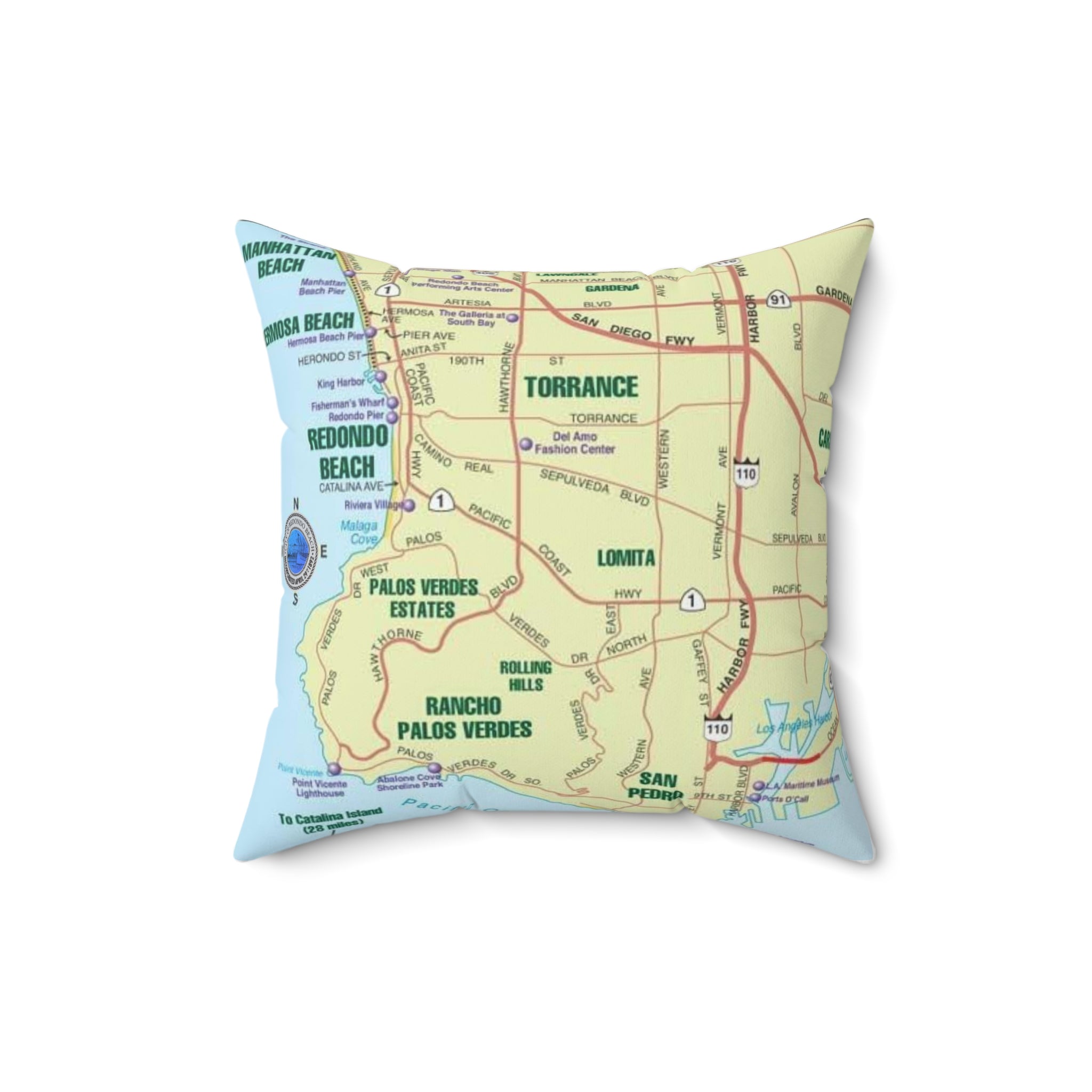 Redondo Beach California 90277 90278 MAP Spun Polyester Square Pillow