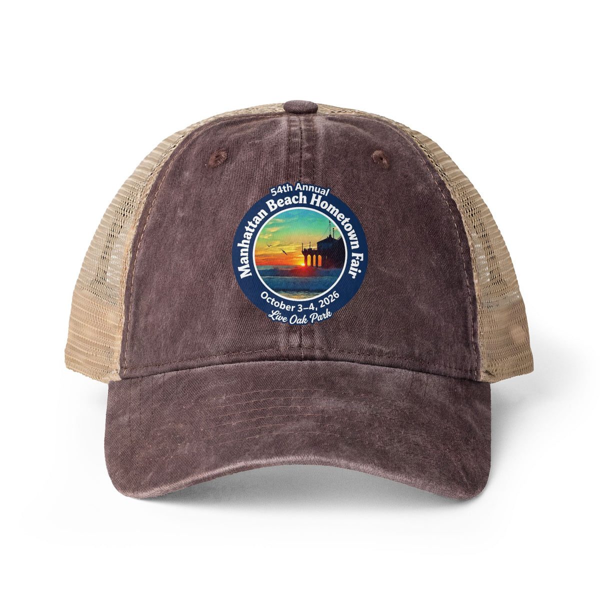 Women's Washed Mesh-Back Cap - Manhattan Beach Hometown Fair 2026 Design