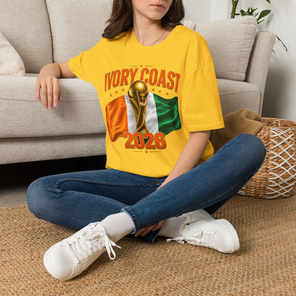 Ivory Coast 2026 World Cup T‑Shirt — FIFA Trophy & Flag Soccer Fan Tee