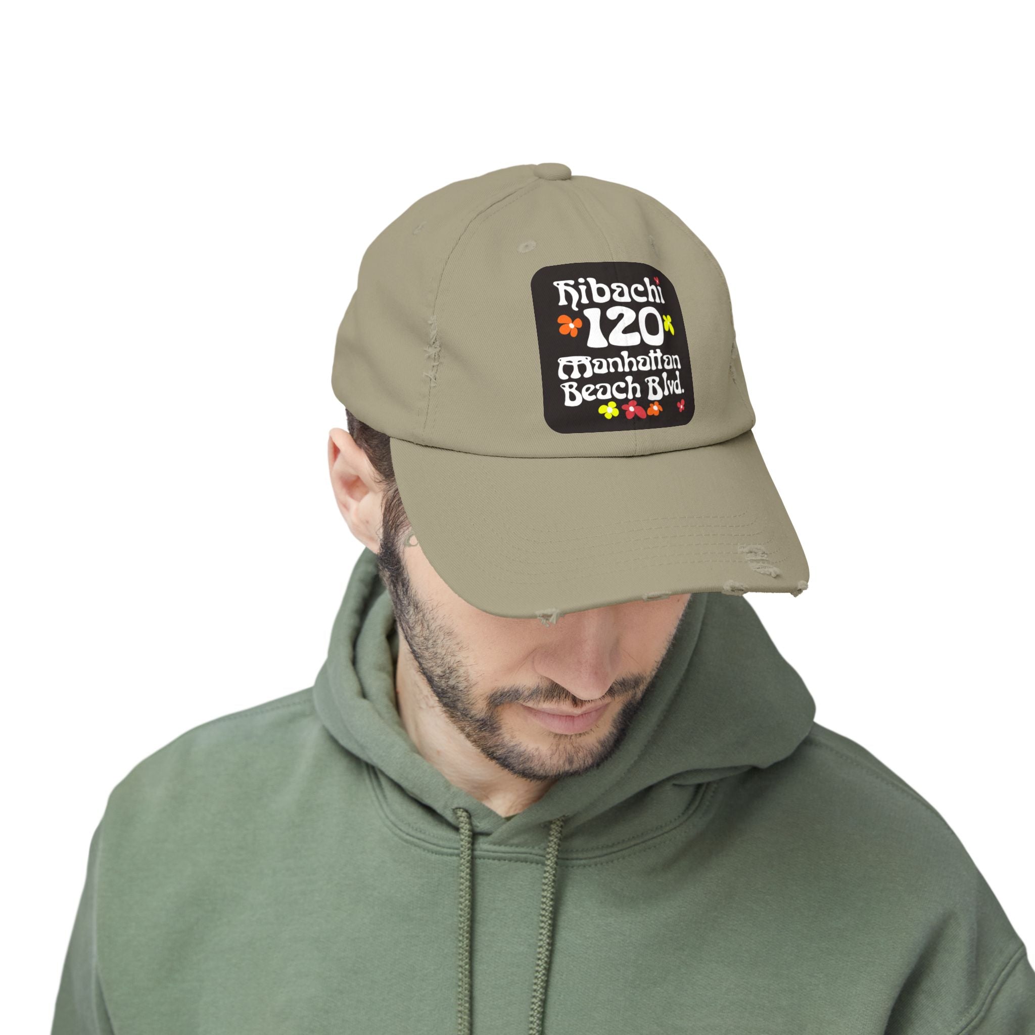 Distressed Cap — Hibachi 120 Manhattan Beach Blvd. Retro Floral Hat "Gone But Not Forgotten" #OldSchool