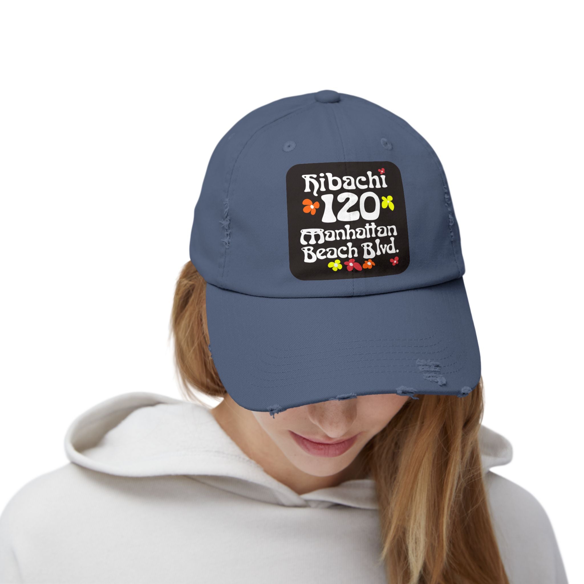 Distressed Cap — Hibachi 120 Manhattan Beach Blvd. Retro Floral Hat "Gone But Not Forgotten" #OldSchool