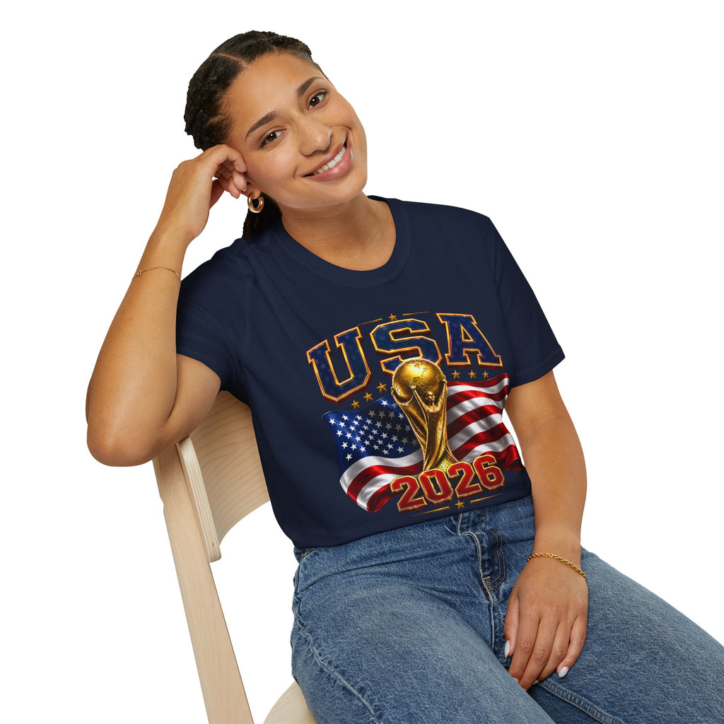 USA World Cup 2026 Soccer T-Shirt – American Flag & Trophy Design