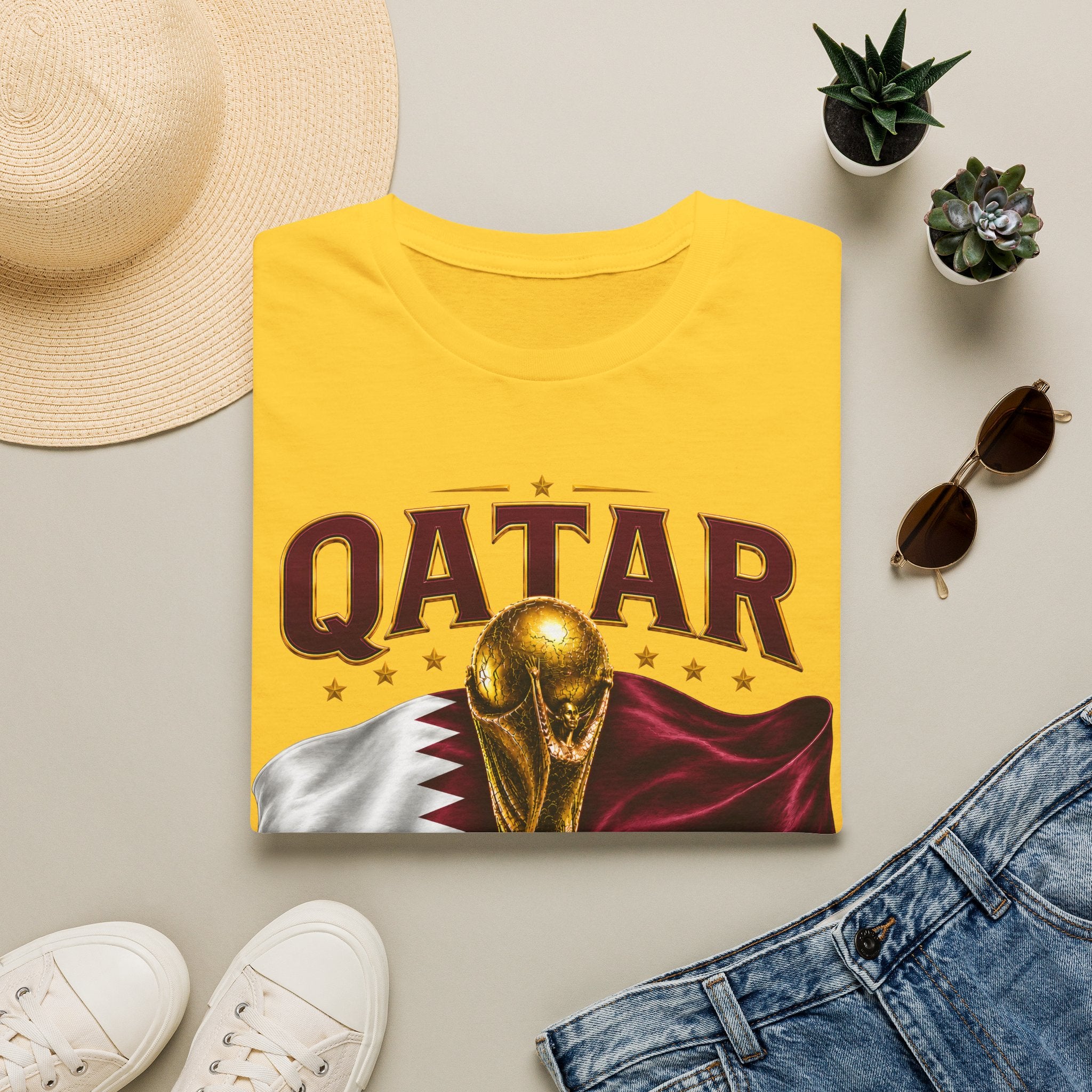 Qatar 2026 World Cup T-Shirt — Golden Trophy & Flag Soccer Tee