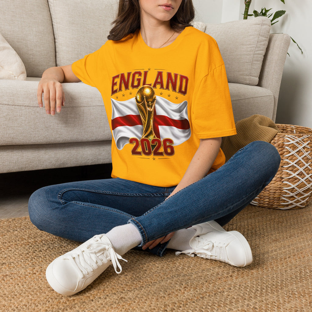 England 2026 World Cup T-Shirt — Gold Trophy & St George’s Flag Soccer Fan Tee
