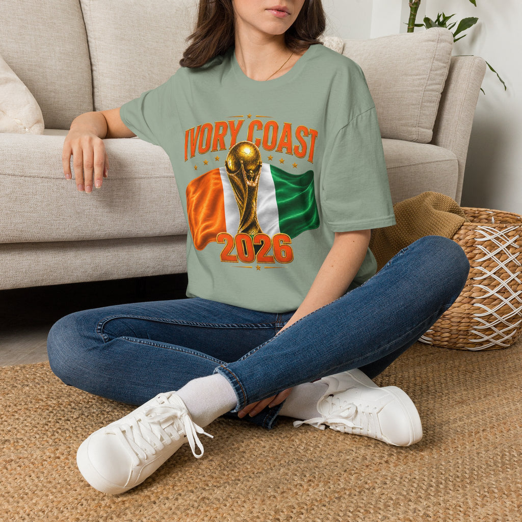 Ivory Coast 2026 World Cup T‑Shirt — FIFA Trophy & Flag Soccer Fan Tee
