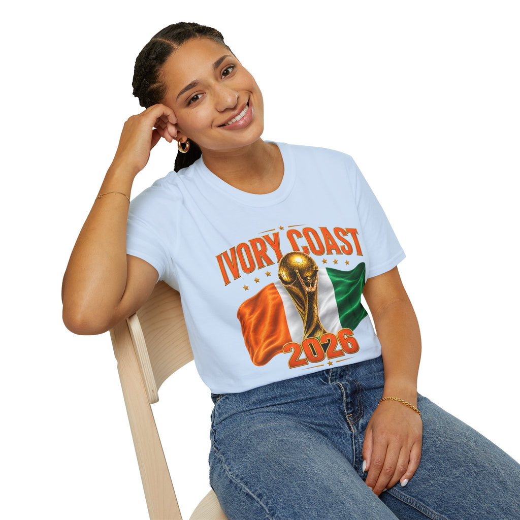 Ivory Coast 2026 World Cup T‑Shirt — FIFA Trophy & Flag Soccer Fan Tee