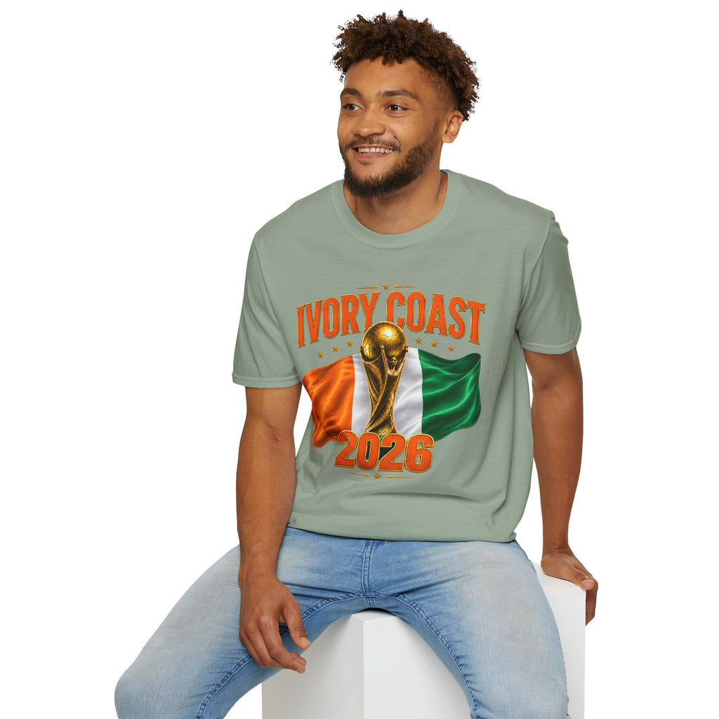 Ivory Coast 2026 World Cup T‑Shirt — FIFA Trophy & Flag Soccer Fan Tee