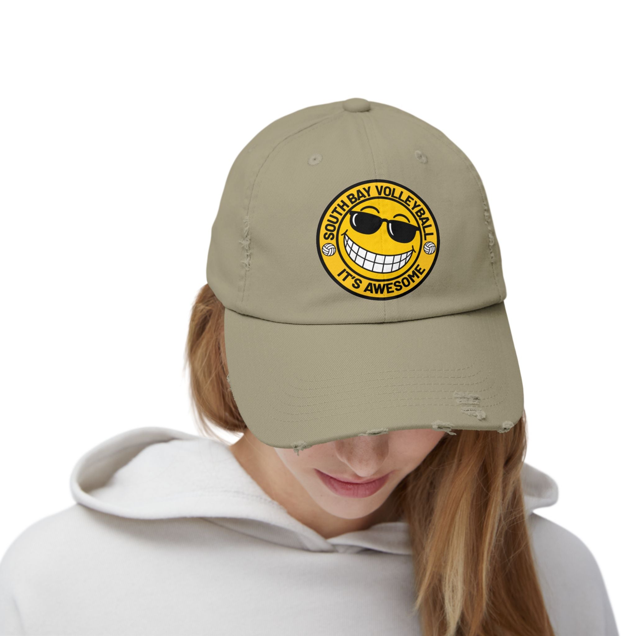 Distressed Volleyball Cap - "South Bay Volleyball It's Awesome" Smiley Logo
