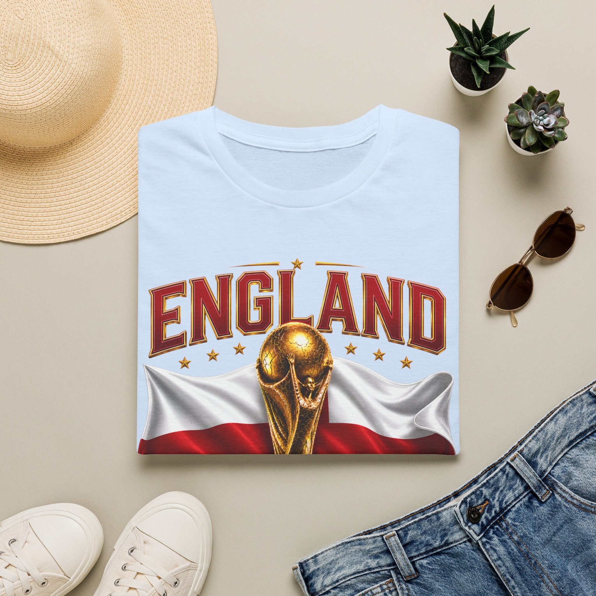 England 2026 World Cup T-Shirt — Gold Trophy & St George’s Flag Soccer Fan Tee