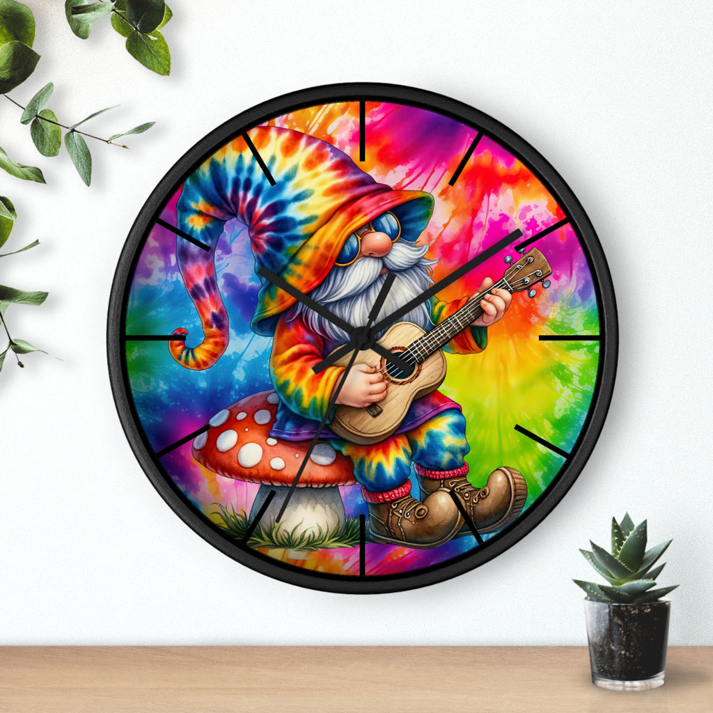 Tie-Dye Gnome Wall Clock — Psychedelic Mushroom Guitar Decor