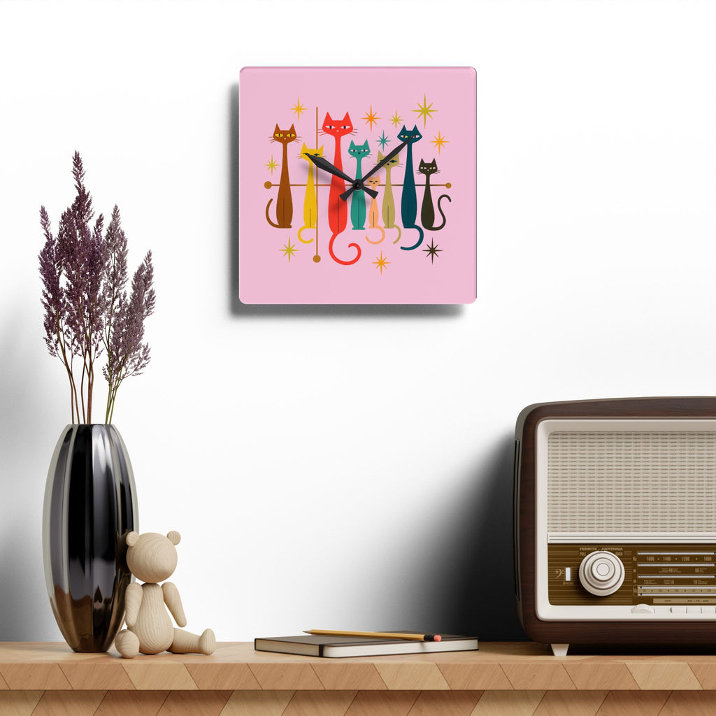 Retro Mid-Century Stylized Cats Acrylic Wall Clock | Pink Atomic Starburst