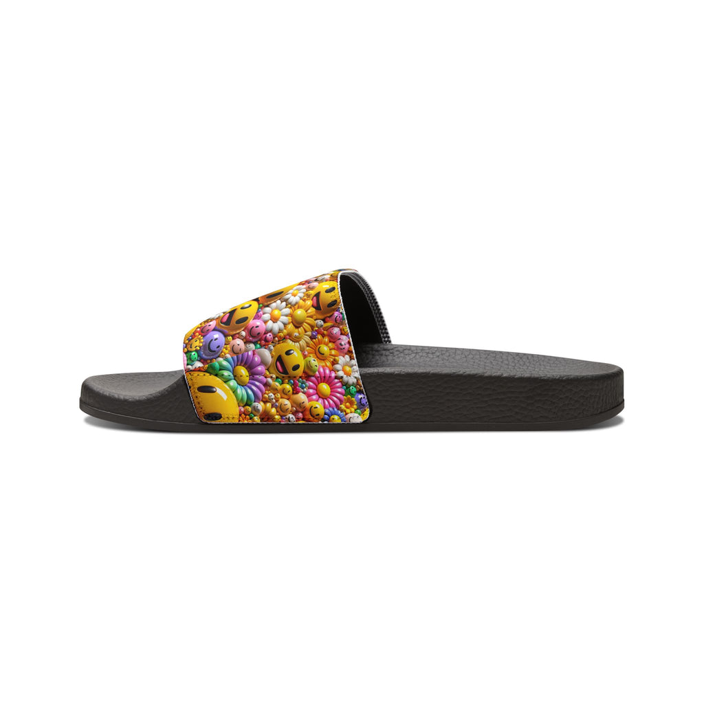 Smiley Flower Pattern Sandals | Youth Slides with Emoji Floral Strap