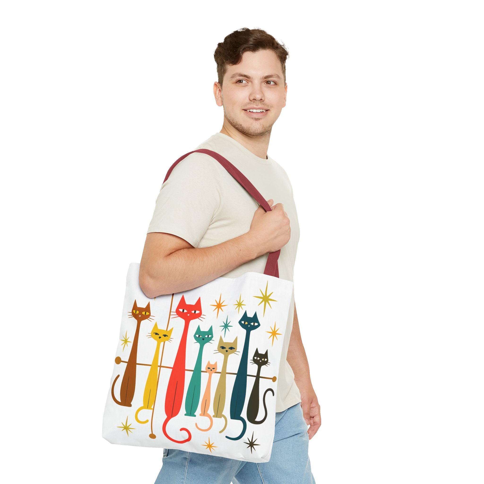 Retro Long Cats Tote Bag | Colorful Mid-Century Cat Pattern