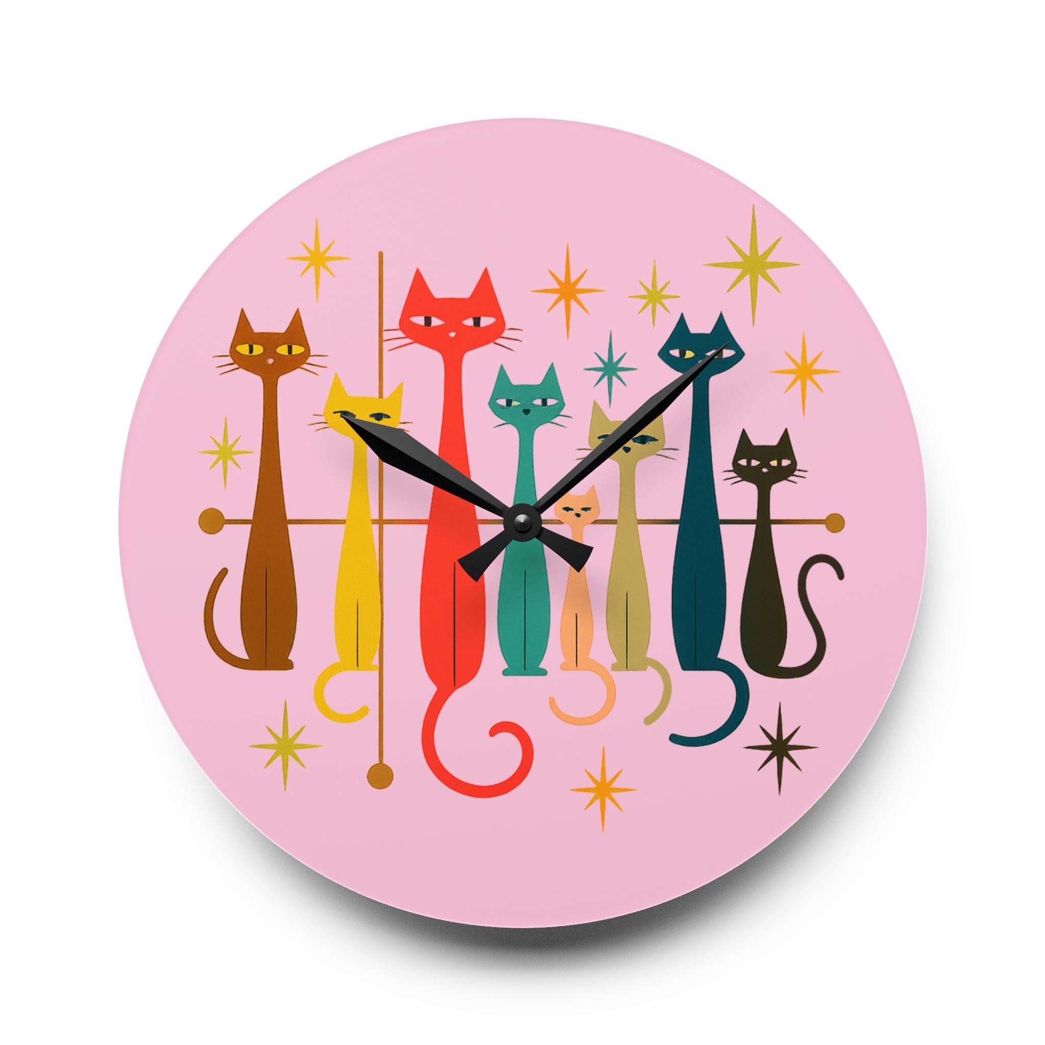 Retro Mid-Century Stylized Cats Acrylic Wall Clock | Pink Atomic Starburst