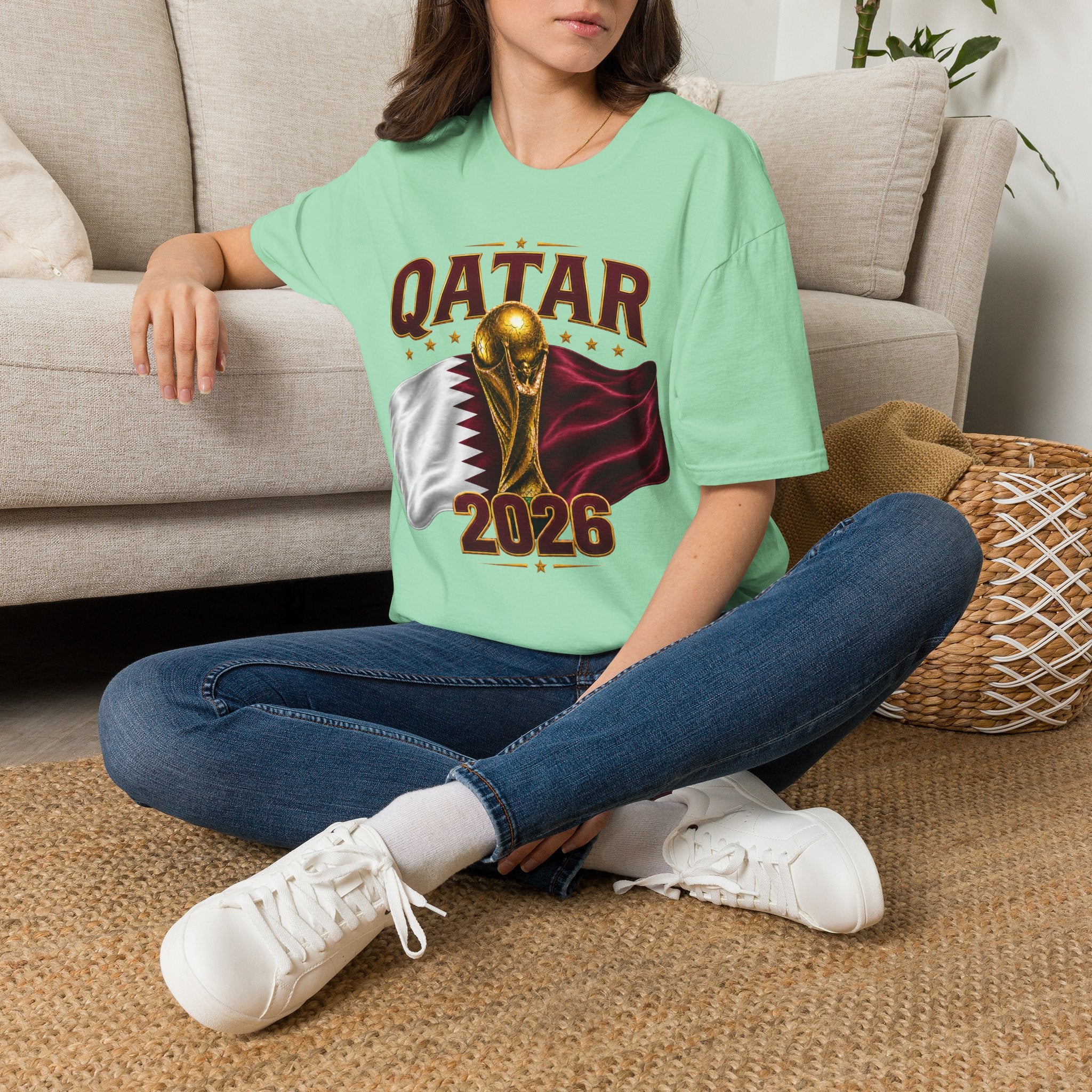 Qatar 2026 World Cup T-Shirt — Golden Trophy & Flag Soccer Tee