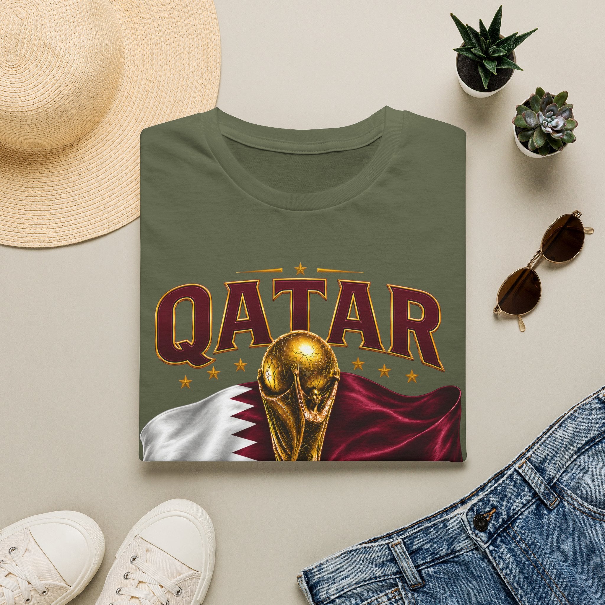 Qatar 2026 World Cup T-Shirt — Golden Trophy & Flag Soccer Tee