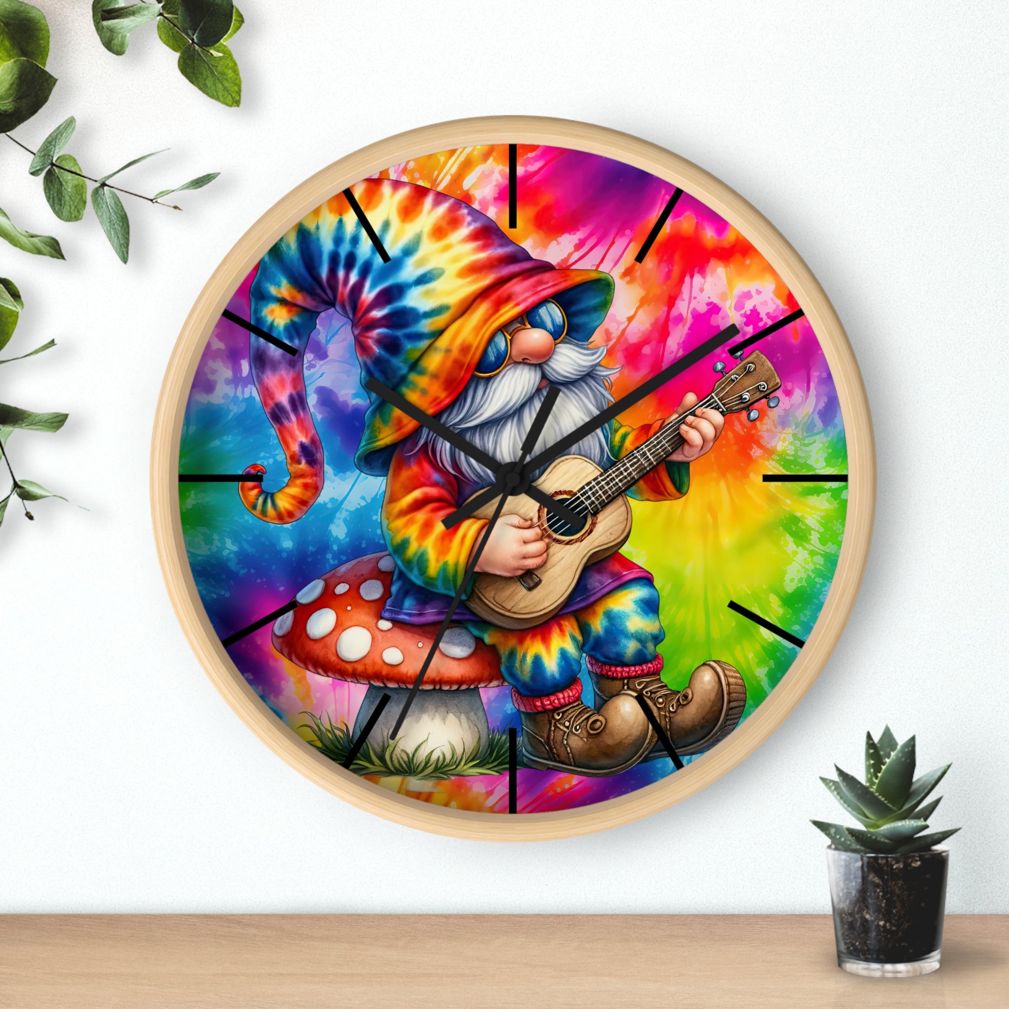 Tie-Dye Gnome Wall Clock — Psychedelic Mushroom Guitar Decor