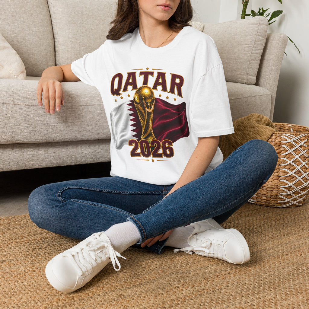 Qatar 2026 World Cup T-Shirt — Golden Trophy & Flag Soccer Tee