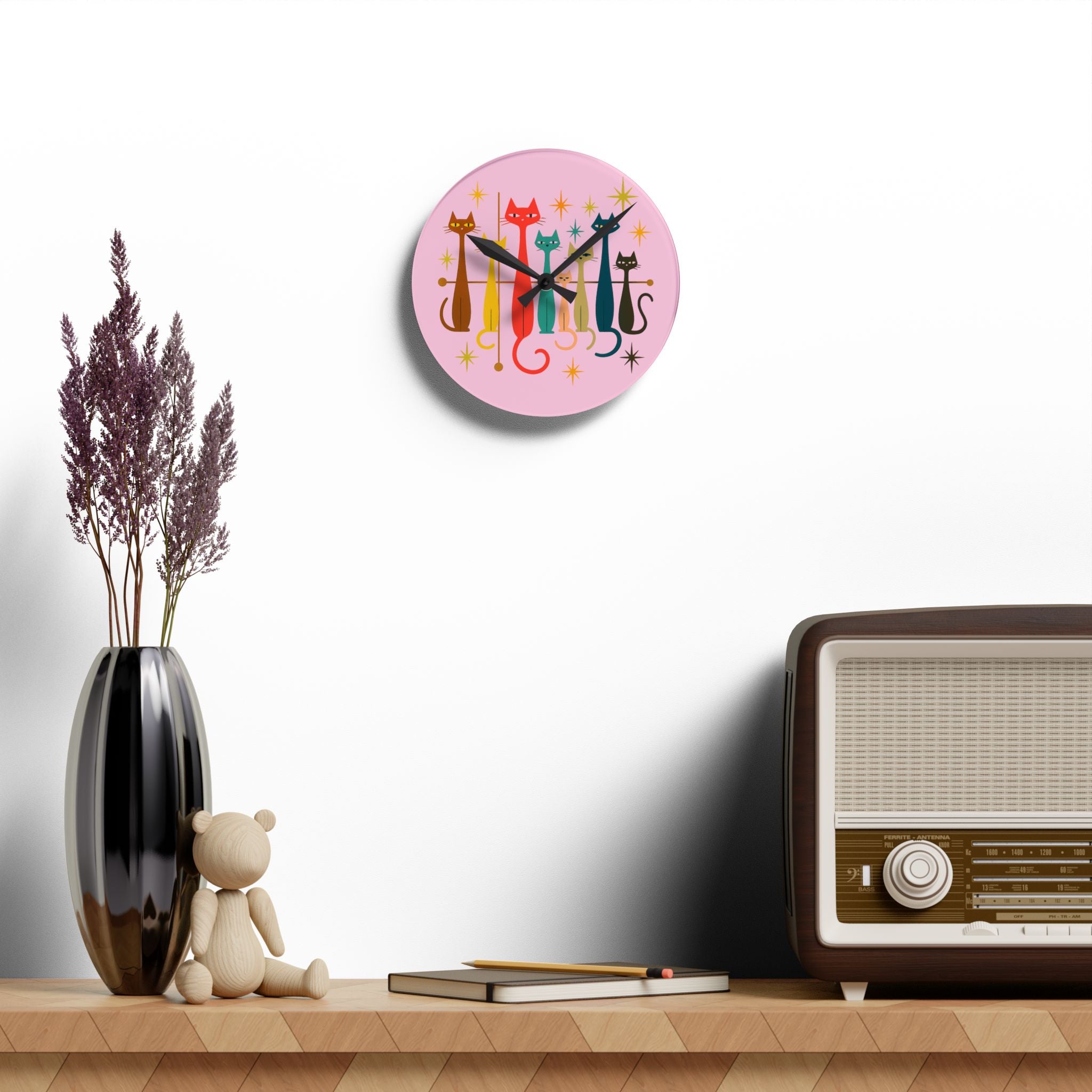 Retro Mid-Century Stylized Cats Acrylic Wall Clock | Pink Atomic Starburst