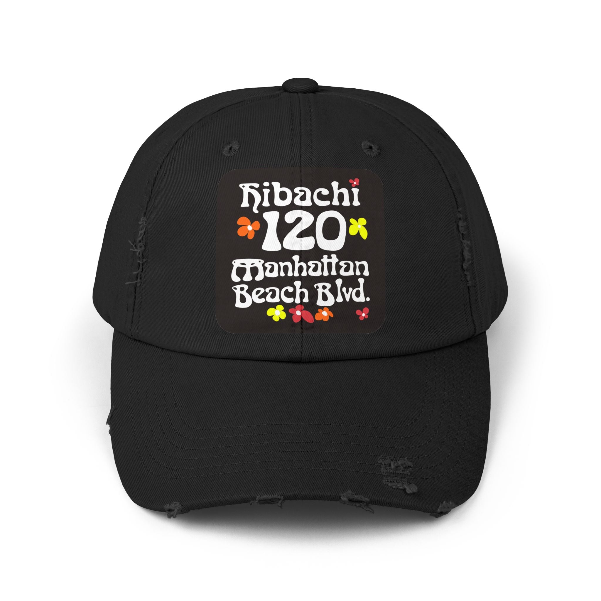 Distressed Cap — Hibachi 120 Manhattan Beach Blvd. Retro Floral Hat "Gone But Not Forgotten" #OldSchool