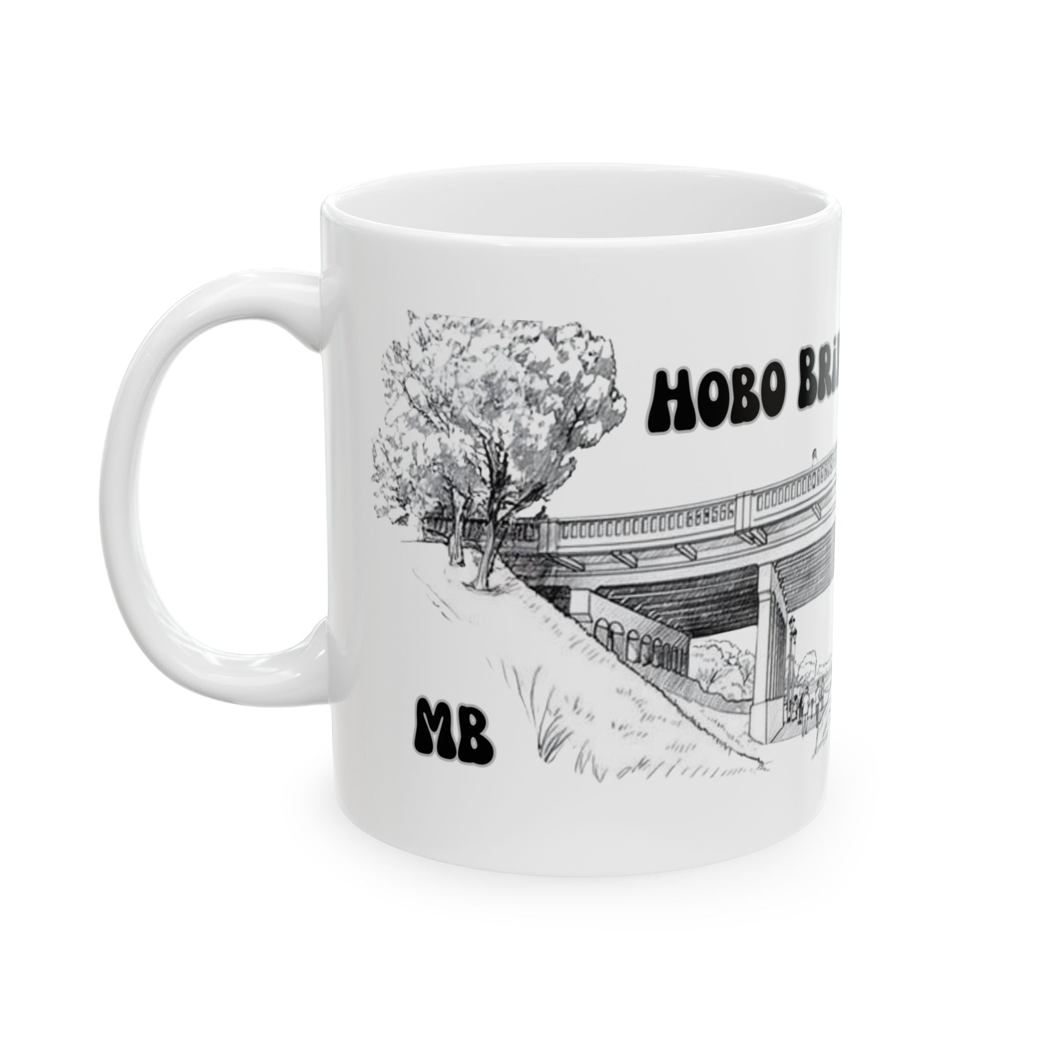 Hobo Bridge Manhattan Beach sketch Mug | Architectural black ink illustration, ceramic coffee cup