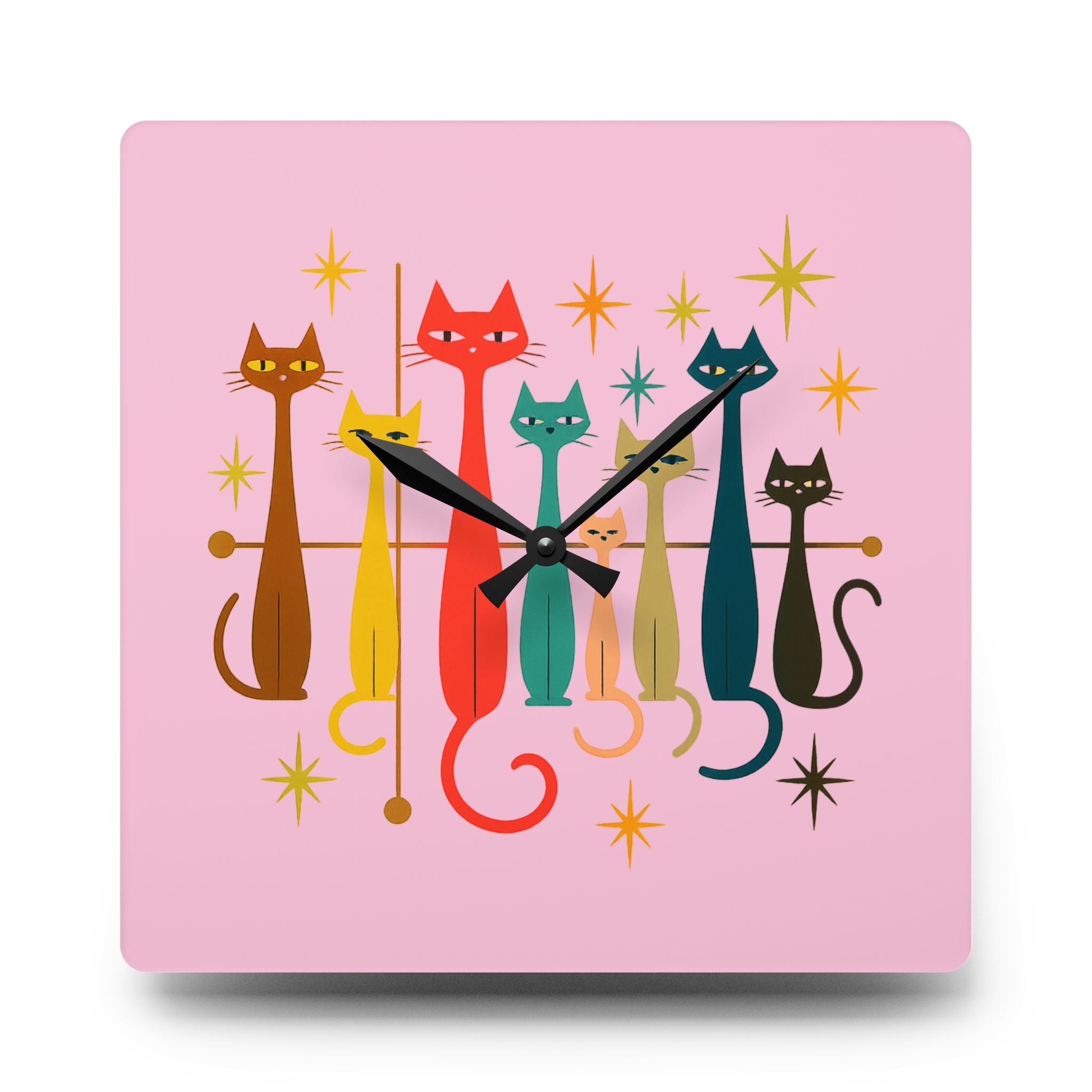 Retro Mid-Century Stylized Cats Acrylic Wall Clock | Pink Atomic Starburst