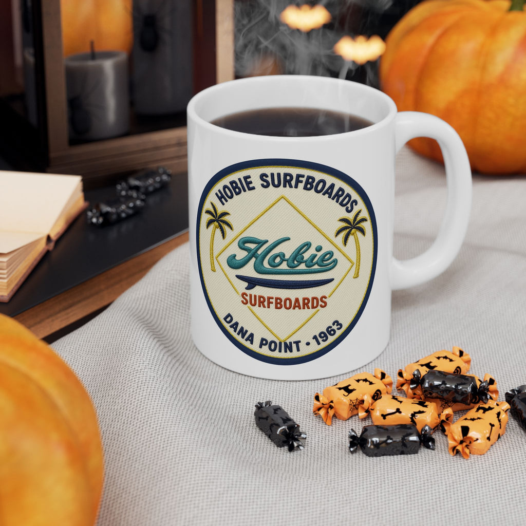 Vintage Beach Club Hobie Surfboards Ceramic Mug – Retro Palm Tree Surf Emblem Since 1963  (11oz, 15oz)