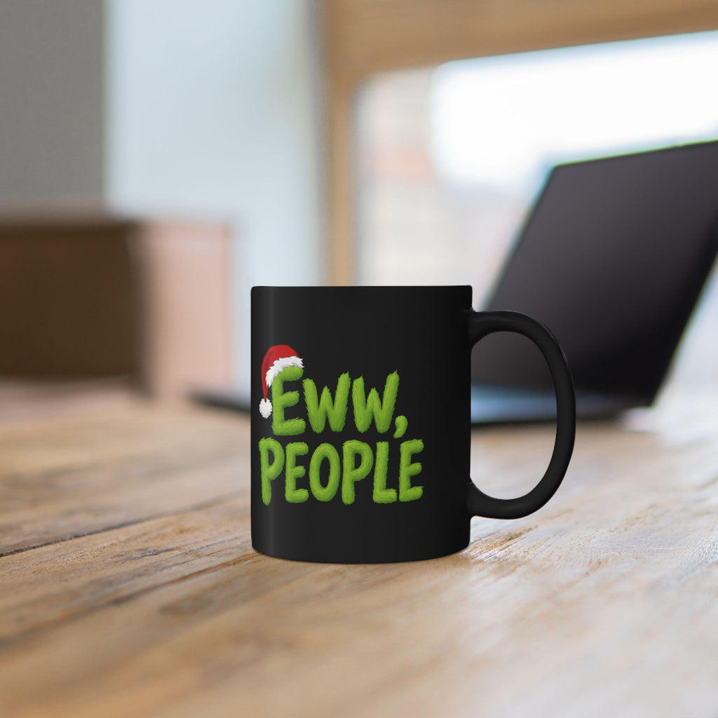 Eww People Mug | Black Ceramic Coffee Cup with Santa Hat Holiday Design