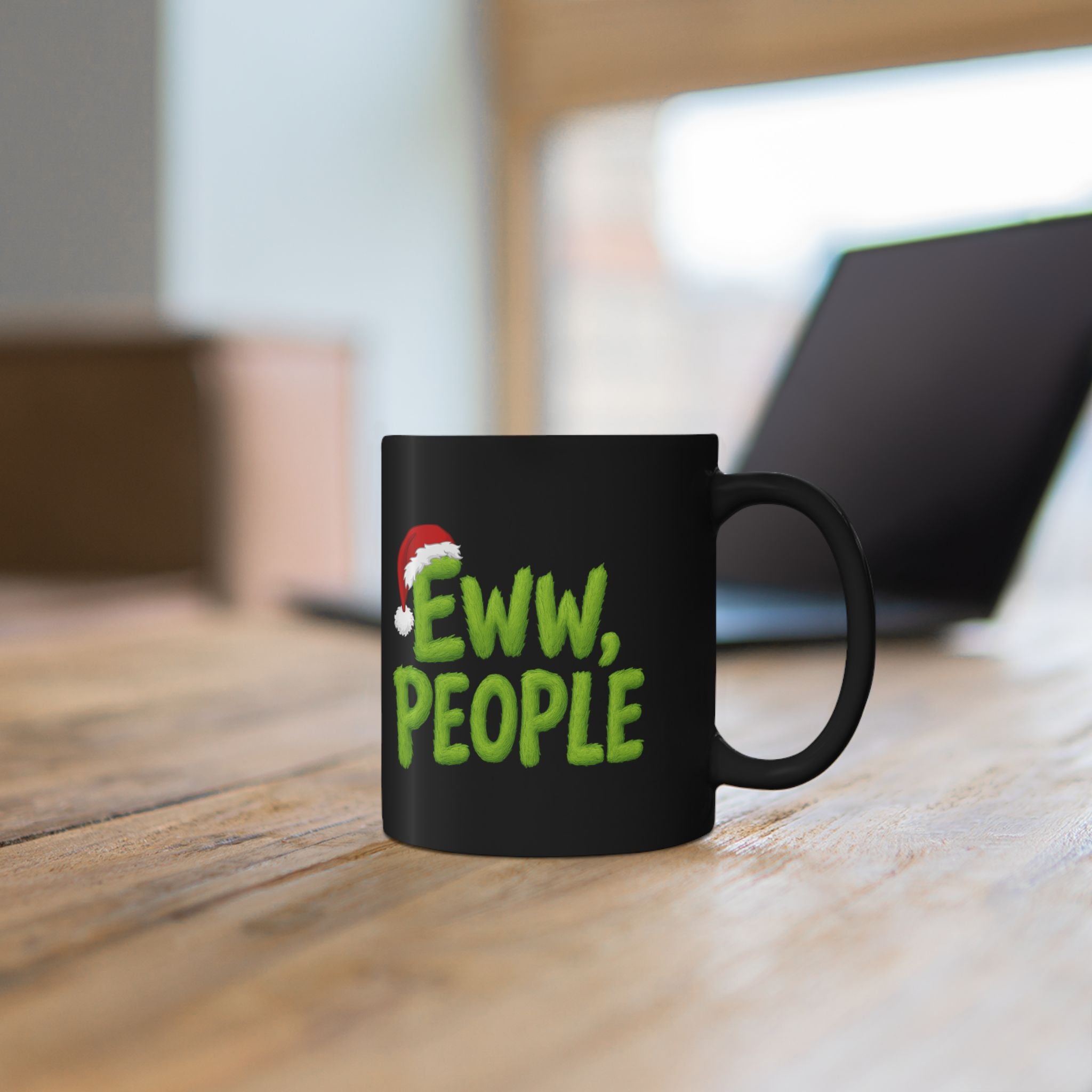 Eww People Mug | Black Ceramic Coffee Cup with Santa Hat Holiday Design