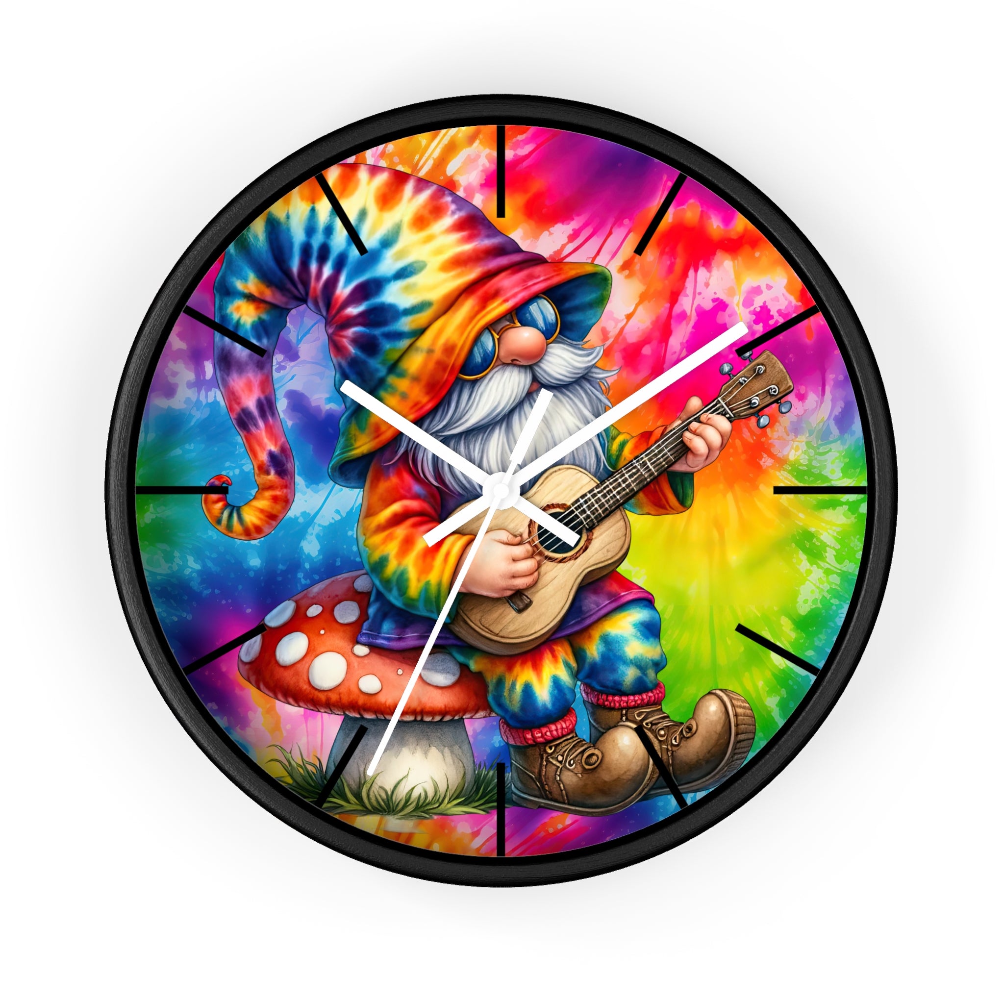 Tie-Dye Gnome Wall Clock — Psychedelic Mushroom Guitar Decor