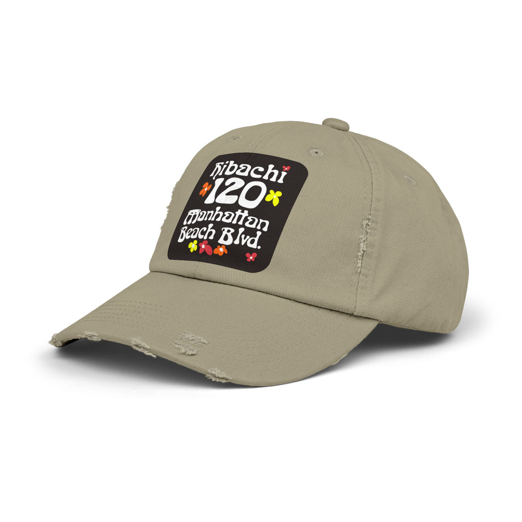 Distressed Cap — Hibachi 120 Manhattan Beach Blvd. Retro Floral Hat "Gone But Not Forgotten" #OldSchool