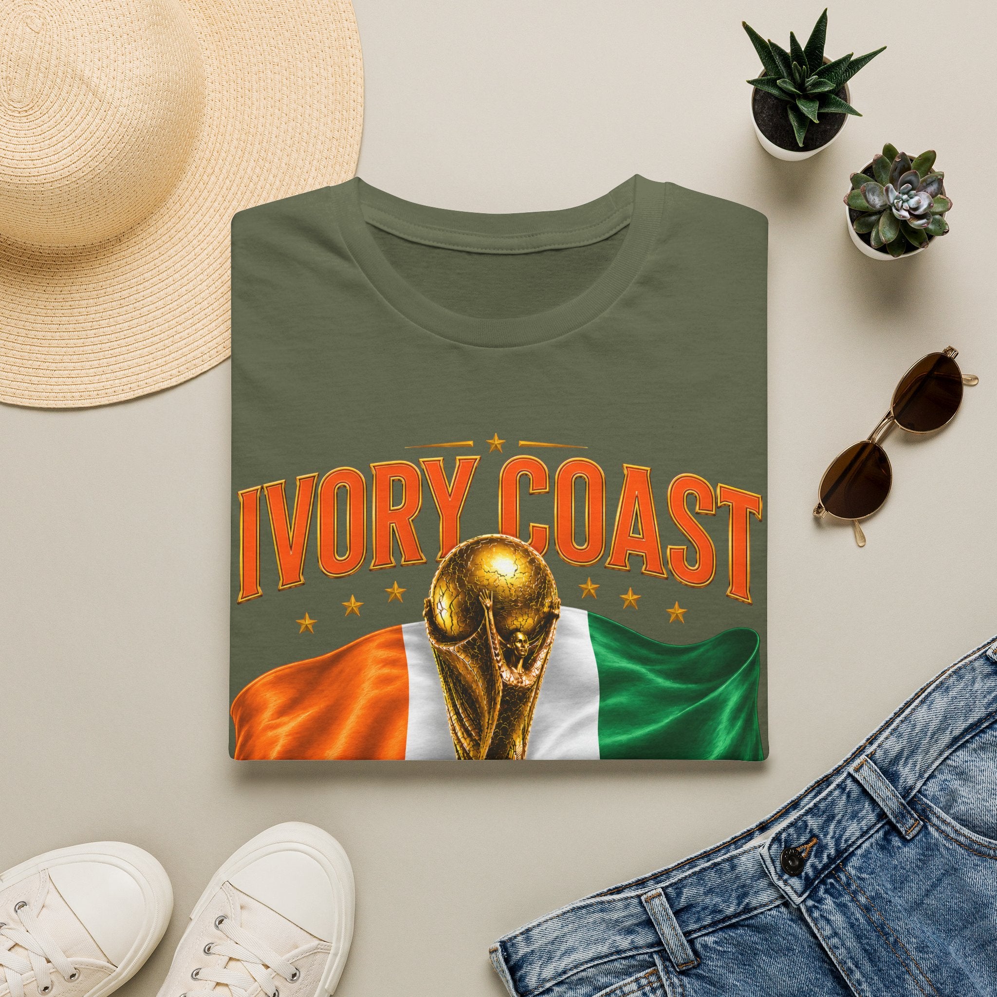 Ivory Coast 2026 World Cup T‑Shirt — FIFA Trophy & Flag Soccer Fan Tee