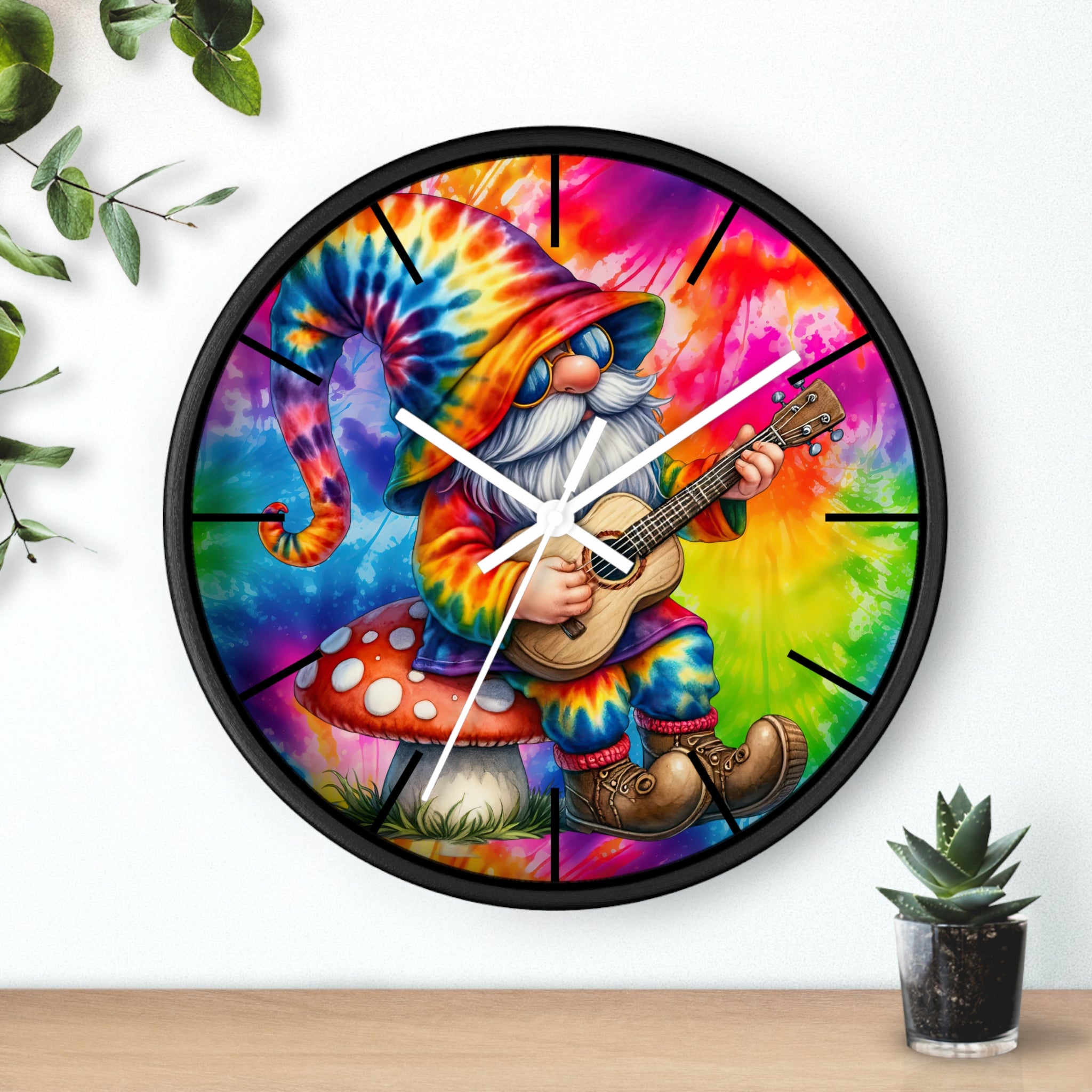 Tie-Dye Gnome Wall Clock — Psychedelic Mushroom Guitar Decor