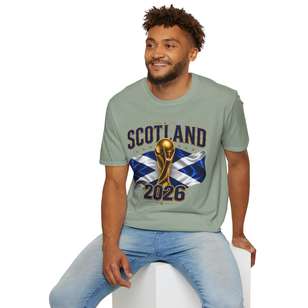 Scotland 2026 World Cup Soccer T-Shirt — Scottish Flag & Trophy Football Tee