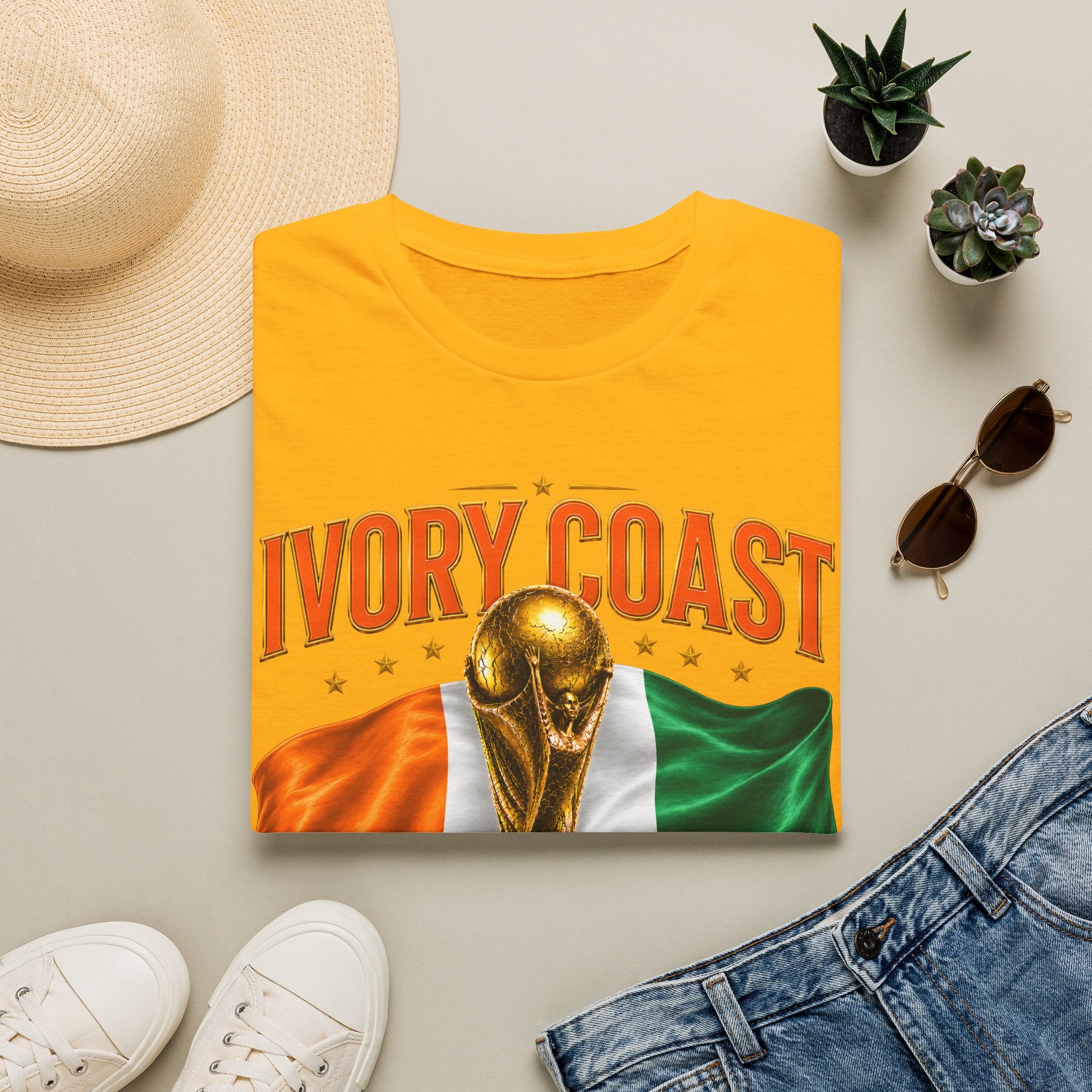 Ivory Coast 2026 World Cup T‑Shirt — FIFA Trophy & Flag Soccer Fan Tee