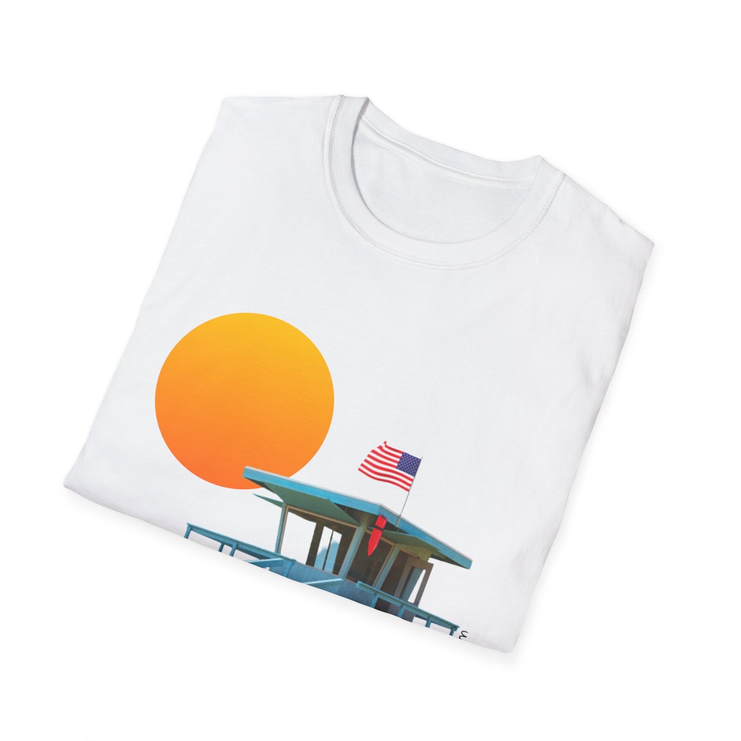 South Bay Lifeguard Stand with American Flag Beach Scene M/W Softstyle T-Shirt